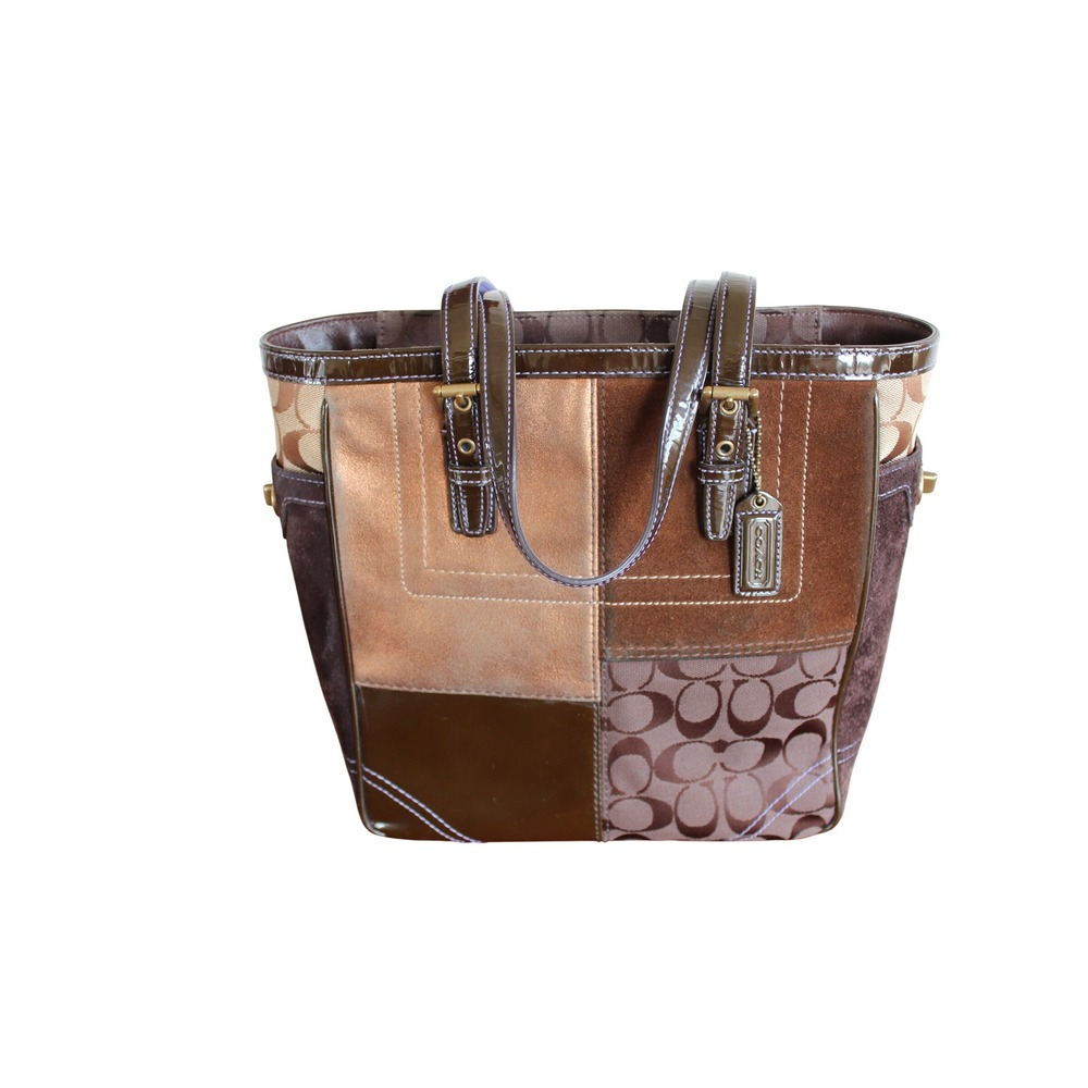 Coach Gallery Patchwork Tote Bag Brown Metallic Suede Jacquar F10432 Y2K Vintage